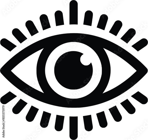 Black and white icon of an eye with radiating lines symbol vision