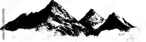 Black and white stencil art of cracked alpine mountain ridges