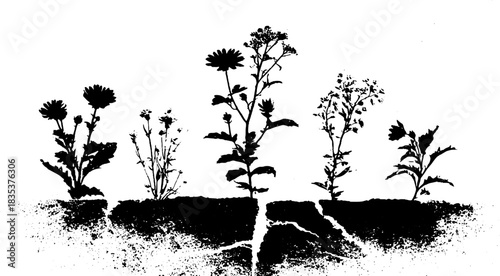 Black and white stencil illustration of cracked concrete with wildflowers silhouettes