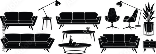 furniture, sofa, armchair, coffee, table, lamp, plant, interior, decor, modern, minimalist, silhouette, black, white, vector, cad, illustration, home, living, room