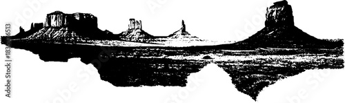 Black and white stencil illustration of craggy desert buttes for art and design projects