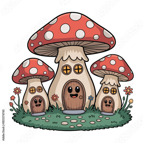 Cute mushroom village with three tiny mushroom houses, smiling doors and windows, simple shapes, bold lines.