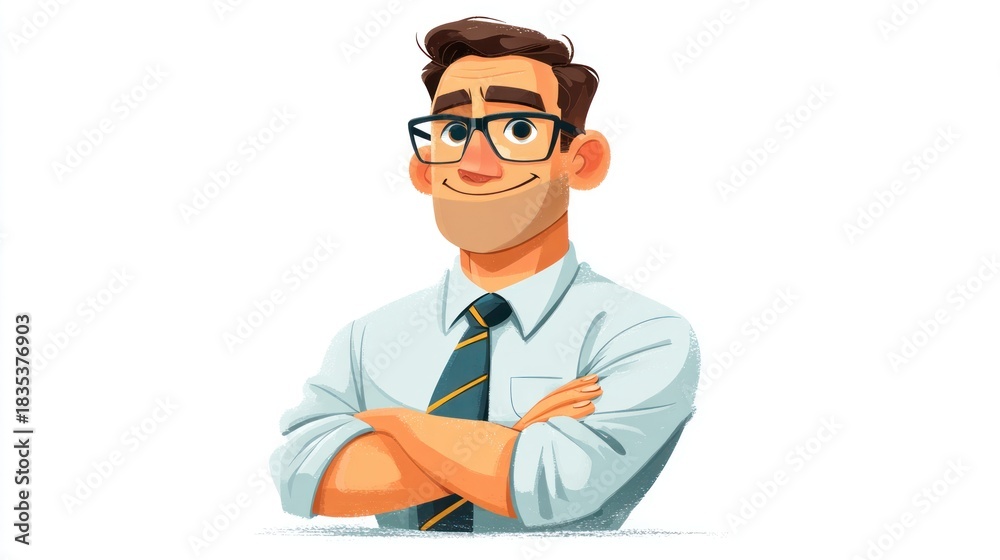Fototapeta premium A smiling man in glasses, arms crossed, wearing a shirt and tie. Cartoon illustration