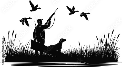 Hunter silhouette, flying ducks, retriever dog, marshland scene, wetland wildlife, outdoor hunting, nature action, cad drawing flat vector illustration