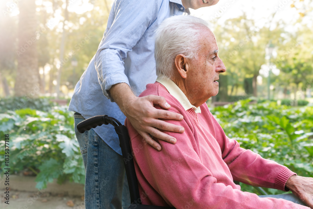 Fototapeta premium Close-up of anonymous young man caring for senior man in wheelchair in outdoor park