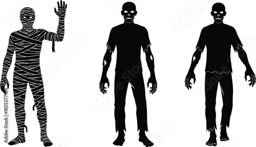 Mummy and zombie silhouettes, horror characters, Halloween theme, undead figures, cad drawing, flat vector illustration, black design, spooky poses