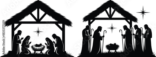Nativity scene, silhouette art, holy birth, manger moment, shepherds and family, star of Bethlehem, Christmas theme, cad drawing flat vector illustration