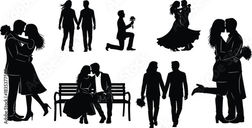 Romantic couple silhouette poses, love moments, proposal and kiss, cad drawing, flat vector illustration, black design, relationship scenes, affection