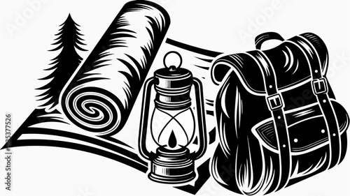 Illustration of camping gear including a lantern backpack and sleeping bag in black and white style