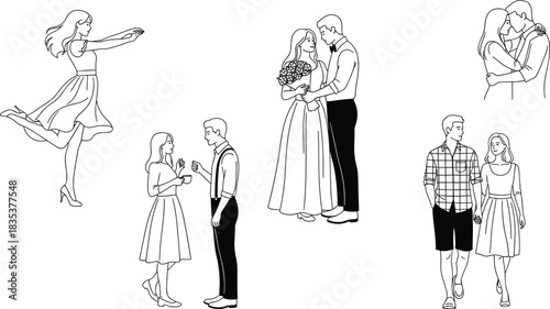 Romantic couples silhouette, love moments, black and white, affectionate poses, casual interaction, cad drawing flat vector illustration, emotional connection, timeless romance