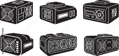 cryptocurrency miner equipment icons for bitcoin mining farm hardware vector illustration isolated transparent background