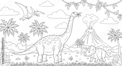 Dinosaur Coloring Page for Kids Fun Activity Prehistoric Scene with Volcano and Tropical Plants