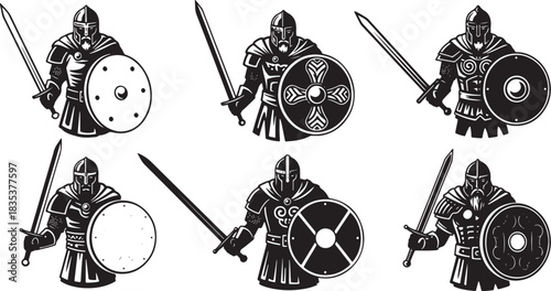 medieval knight warriors with sword shield armor silhouettes isolated transparent background fantasy battle theme