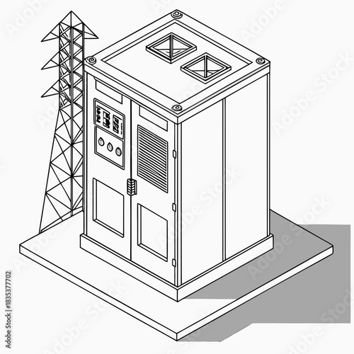 Isometric line drawing of a modern electrical substation equipment enclosure with a transmission tower nearby