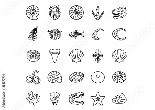 Paleontology & Ancient Life Vector Icons, Dinosaur Fossils Outline Icon Collection, Archaeology and Prehistoric Discoveries Line Art Set