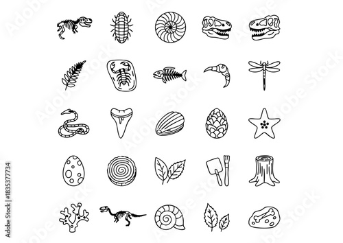 Paleontology & Ancient Life Vector Icons, Dinosaur Fossils Outline Icon Collection, Archaeology and Prehistoric Discoveries Line Art Set