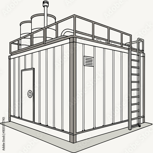 Industrial modular building with rooftop tanks ladder access and ventilation grate on a clean background