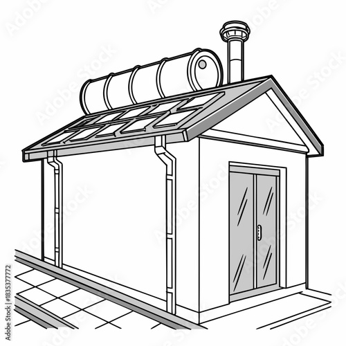 Illustration of a building with solar panels and a water heater on the roof representing sustainable energy and eco friendly solutions