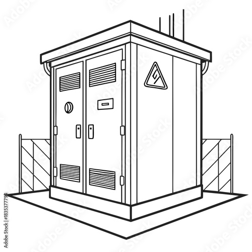 Line drawing illustration of an outdoor electrical transformer substation box with a high voltage warning sign