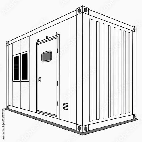 Modern modular container office building with windows and a door on a white background