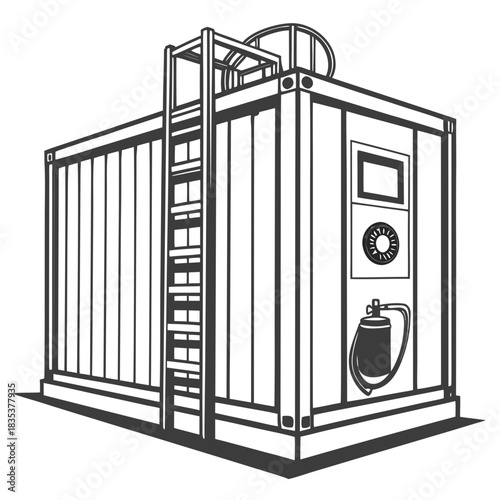 Industrial shipping container unit with ladder and fire extinguisher for remote site operations