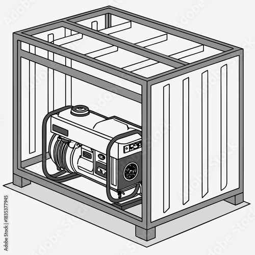 Portable generator unit secured within a protective metal frame and wooden crate for safe transport and storage