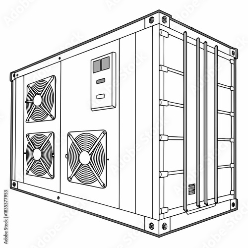 Illustration of a refrigerated shipping container with cooling fans and control panel on the side