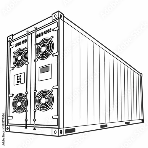 Illustration of a modern shipping container equipped with cooling fans and ventilation for specialized cargo transport