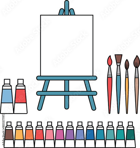 Art supplies including easel blank canvas paint tubes and brushes painting
