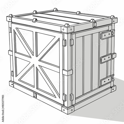 A detailed line drawing illustration of a sturdy wooden shipping crate with reinforced corners and a decorative star pattern on its door