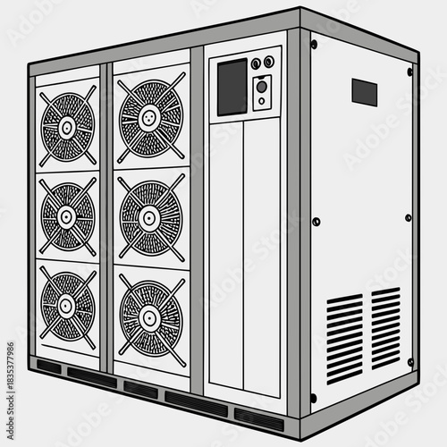 Industrial cooling unit with multiple fans and ventilation grilles for climate control in data centers or server rooms