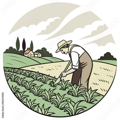 Farmer wearing overalls and hat tending to crops in a field with houses in the background under a cloudy sky