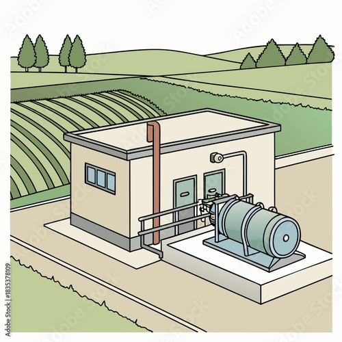 Illustration of a rural water pump station with a large cylindrical tank and surrounding agricultural fields
