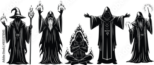 Wizard silhouette, magical pose, sorcerer flames, fantasy character, dark robe, mystical power, enchanted spellcaster, cad drawing flat vector illustration