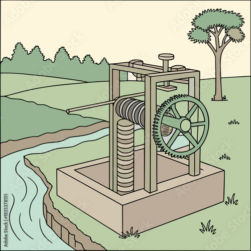 Illustration of an antique water well mechanism with a crank and gears drawing water from a nearby stream