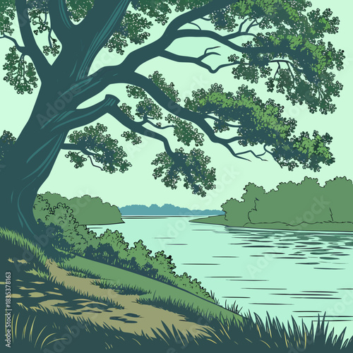 A large majestic tree with lush green leaves overhangs a tranquil river scene with distant hills