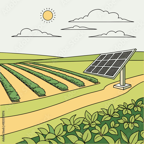 Solar powered farm with rows of green crops under a sunny sky with clouds and rolling hills