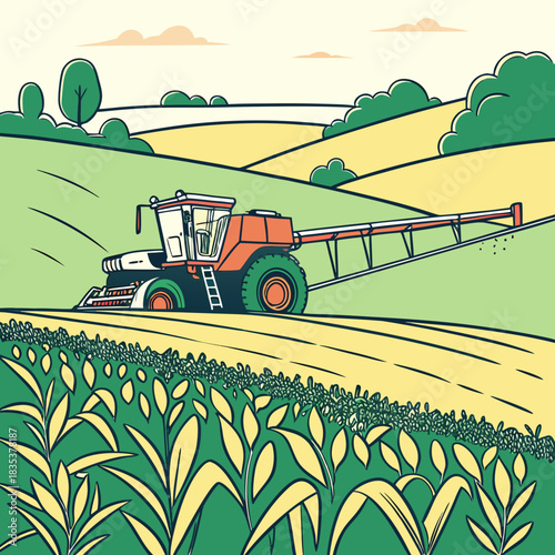 Modern agricultural combine harvester spraying crops in a lush green field under a cloudy sky