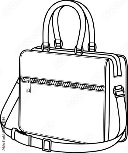 Detailed line illustration of a modern laptop briefcase with top handles, zipper pocket, and adjustable shoulder strap for business, travel, and professional use