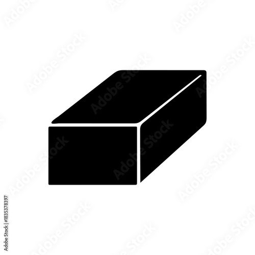 Black silhouette icon of rectangular prism or cuboid for geometry and spatial design
Minimalist black silhouette icon of a three-dimensional rectangular prism (cuboid) with six visible faces. 