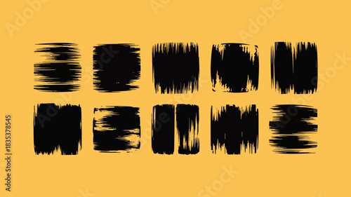 A collection of ten abstract black brush stroke elements with a textured distressed appearance set against a warm golden yellow background creating a modern artistic design
