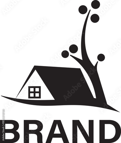 Minimalist house and tree logo, simple black vector design
