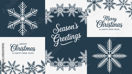 Festive christmas card design featuring elegant white snowflakes and season s greetings and merry christmas text on a deep blue background perfect for holiday celebrations and winter themes