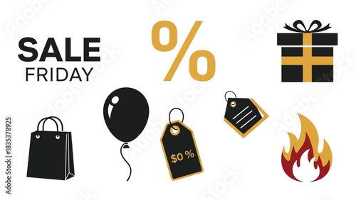 vector set of Black Friday clipart elements including SALE text, percent sign, gift box, balloon, shopping bag, price tag, and fire icon. Minimal flat shapes, Vector Black Friday Clipart Elements Set
