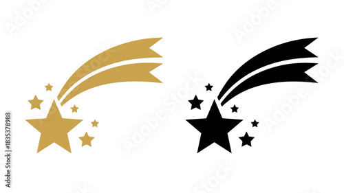 Golden and black silhouette of a shooting star with smaller stars trailing behind it representing wishes dreams and celestial events