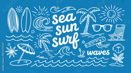 Whimsical hand drawn doodle illustration of summer beach elements including surfboards palm trees waves sun sunglasses and an umbrella on a vibrant blue background perfect for vacation designs