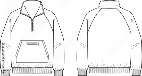 Fashion flat sketch vector template, Oversized sporty pullover jacket mock up with raglan sleeves, half zipper, and pouch pocket design, front and back view.