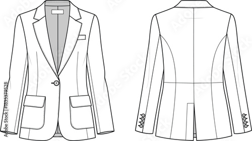 Fashion vector technical drawing illustration template for women's single-breasted blazer featuring lapel collar, patch pockets and cuff buttons, front and back view.