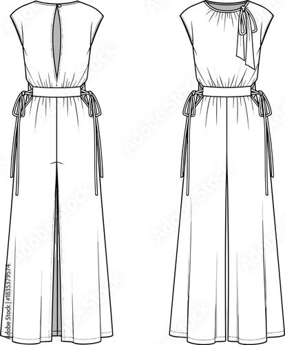 Fashion Flat Sketch Women's Wide-Leg Jumpsuit with Back Keyhole, Neck Tie Detail, Side Drawstrings, and Cap Sleeves, Vector