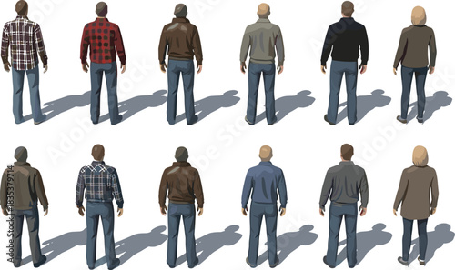 Rear view of diverse casually dressed male and female figures casting shadows, representing people in everyday street clothes, perfect for architectural visualization and scale models.